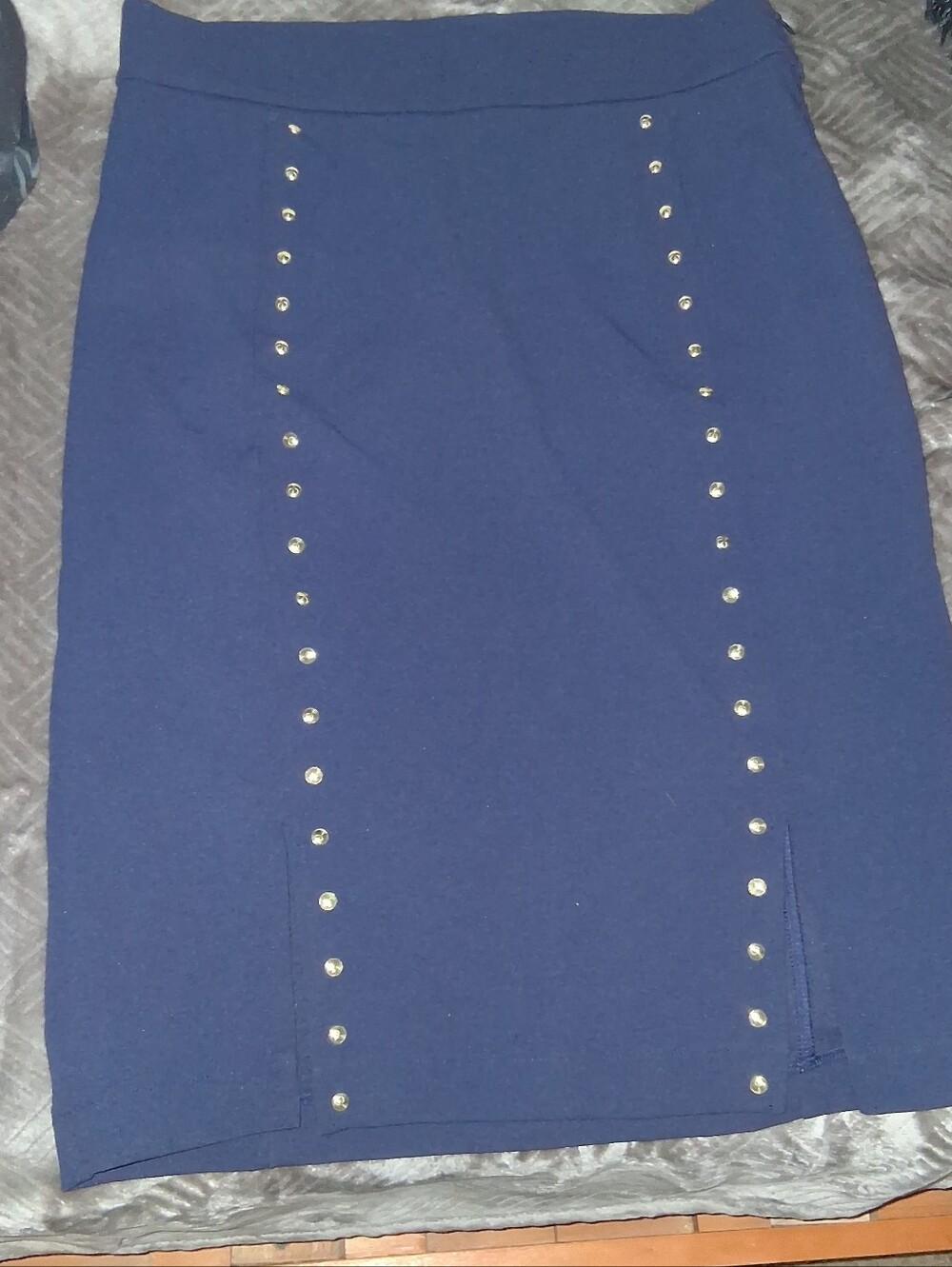 MICHAEL Michael Kors Navy Pencil Skirt with Gold Studs
